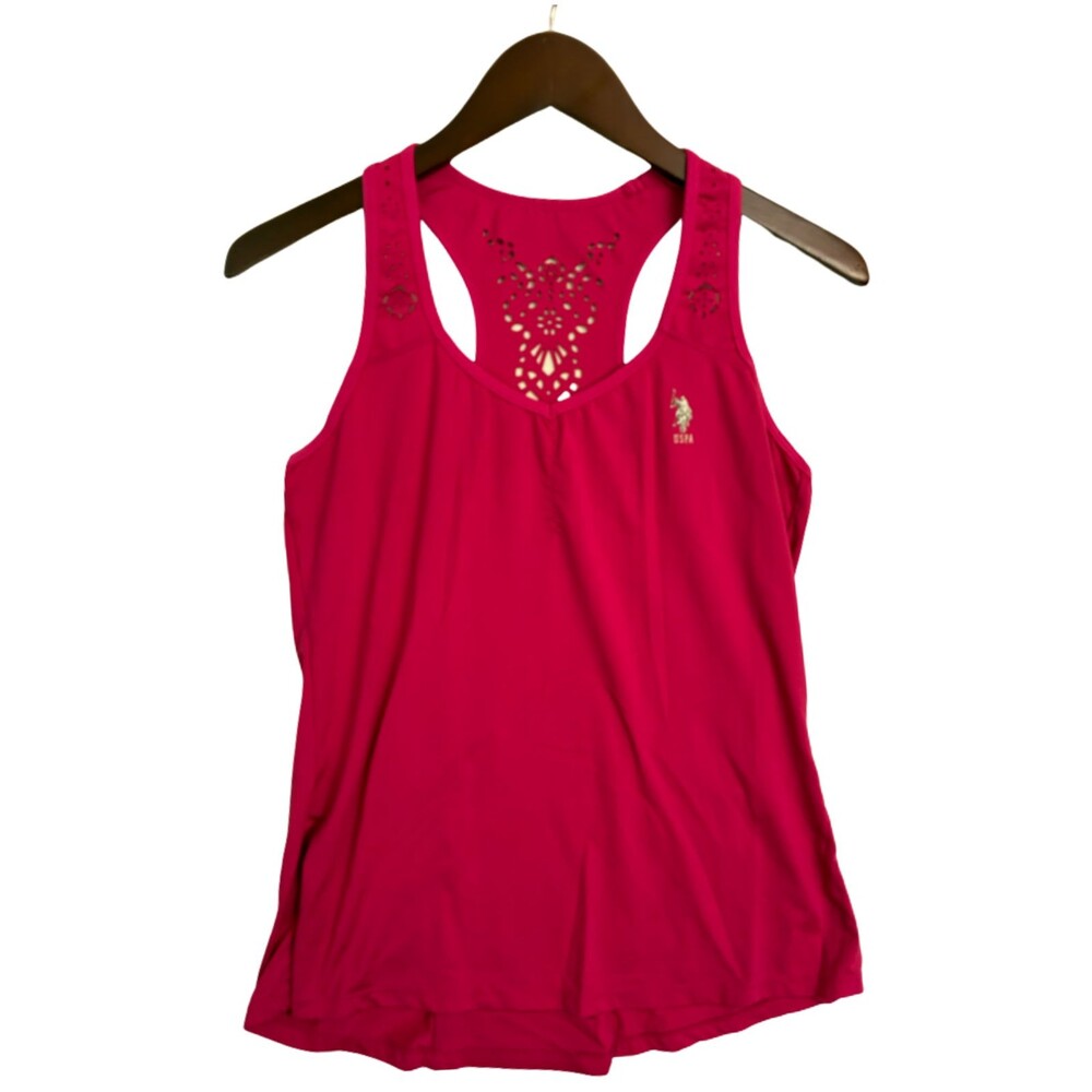 US Polo Assn Womens Pink Racerback Tank Top Laser Cut Athletic Logo Shirt